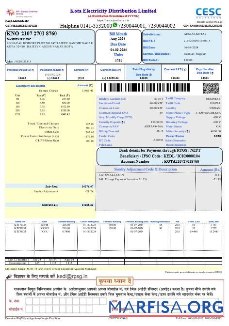 Blank India Kota electricity business utility bill Word and PDF template